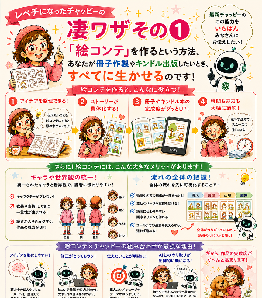 チャッピーの凄ワザその1：絵コンテで、本づくりの流れを組み立てる。紹介画像の上部抜粋。
