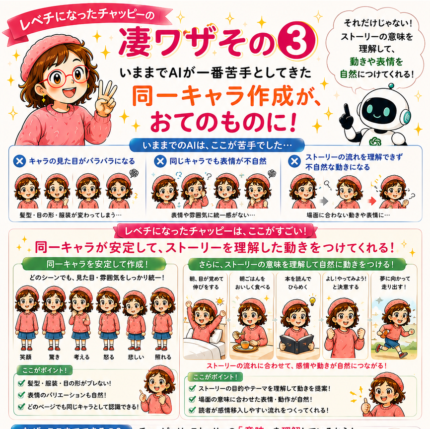 チャッピーの凄ワザその3：同じキャラクターで、物語を描く。紹介画像の上部抜粋。