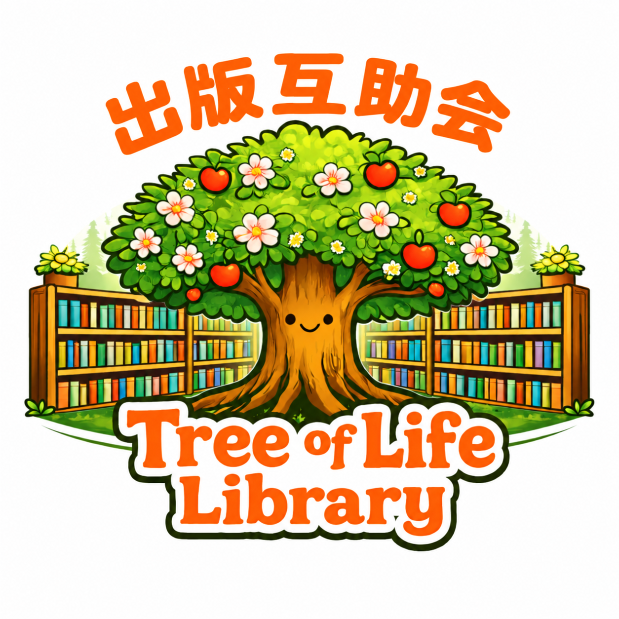 出版互助会 Tree of Life Library。花や実をつけた笑顔の木と、たくさんの本が並ぶ本棚。